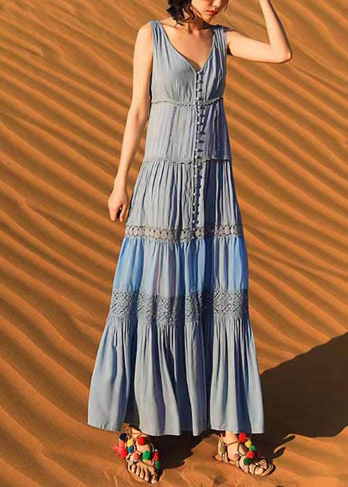 Blue Button Hollow Out Cotton Long Dress Sleeveless