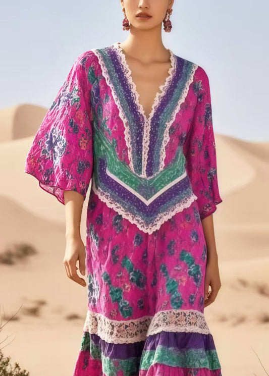 Rose Print Patchwork Cotton Vacation Dresses Summer
