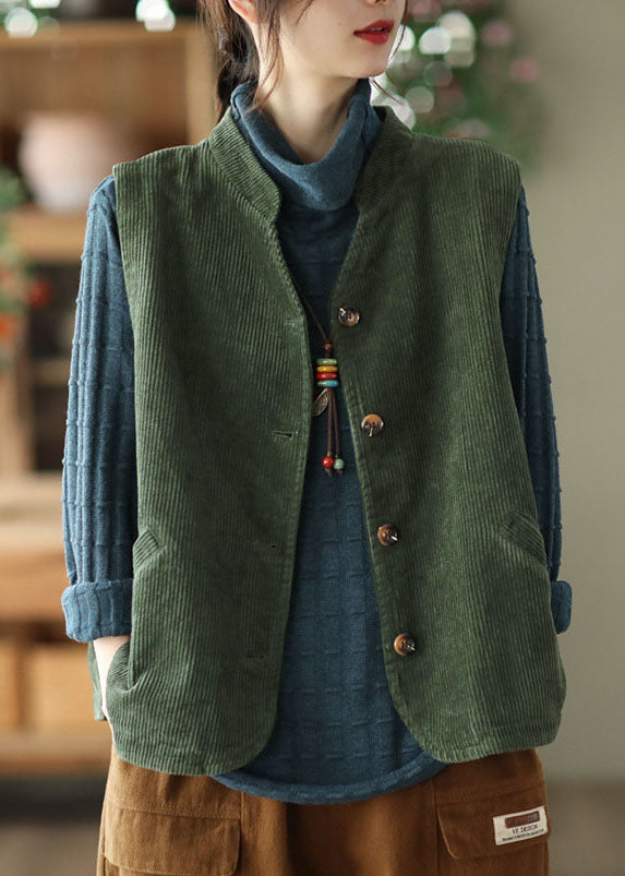 Boutique Green Stand Collar Corduroy Vest Tops Spring