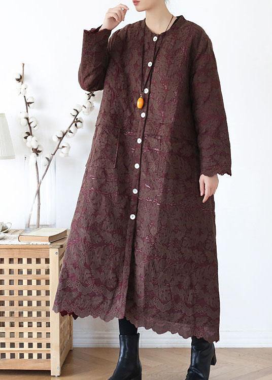 Unique Coffee Retro Jacquard Pockets Fall Coats Long Sleeve