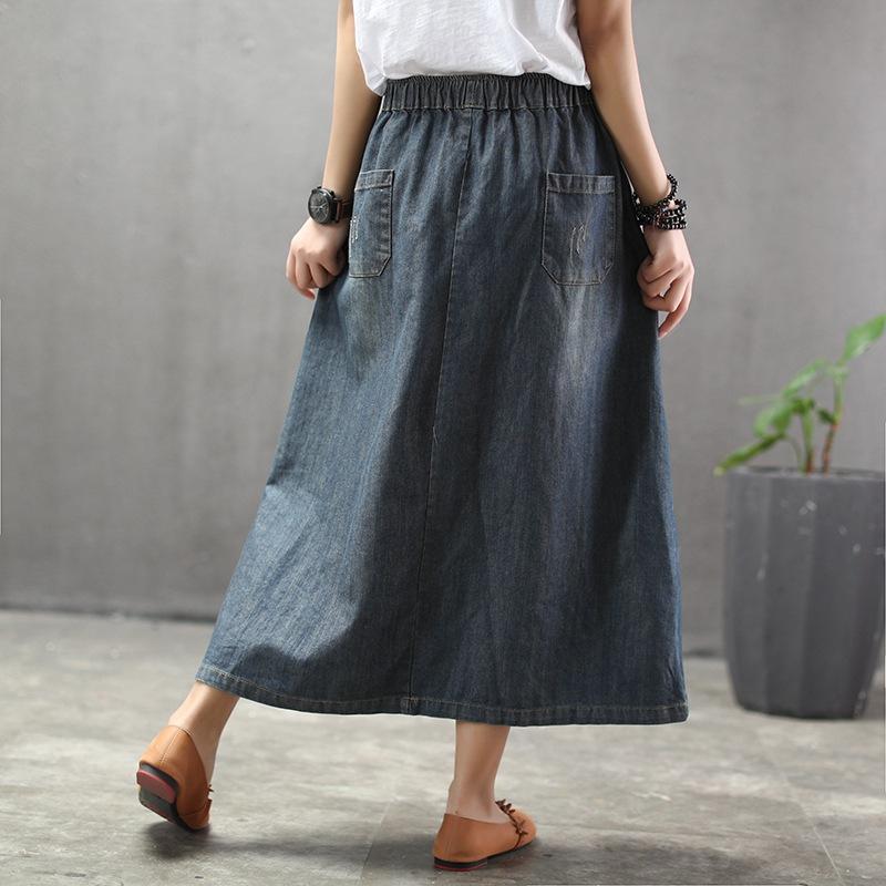 Cozy Thin Cartoon Embroidered Patch Swing Denim Skirt