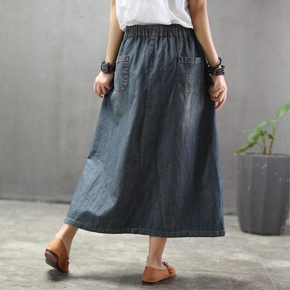 Cozy Thin Cartoon Embroidered Patch Swing Denim Skirt
