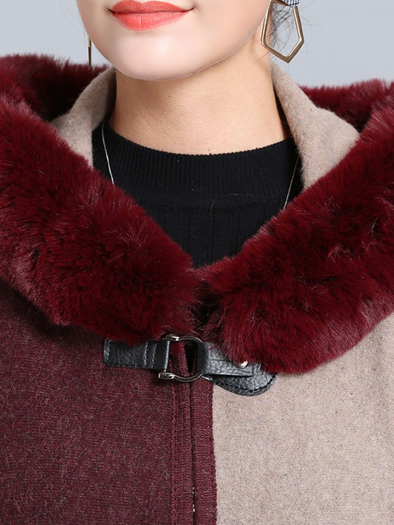 Poncho Cape Faux Fur Hooded Plaid Cape Coat