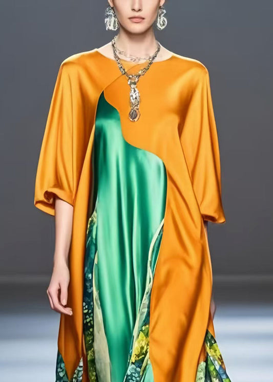 Unique Orange Asymmetrical Patchwork Silk Robe Dresses Half Sleeve