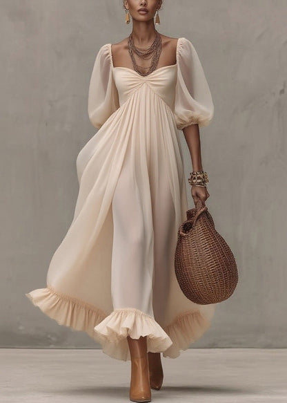 Boutique Beige Ruffled Puff Sleeve Patchwork Chiffon Dresses