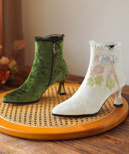Original Style Green Embroidered High Heeled Short Boots