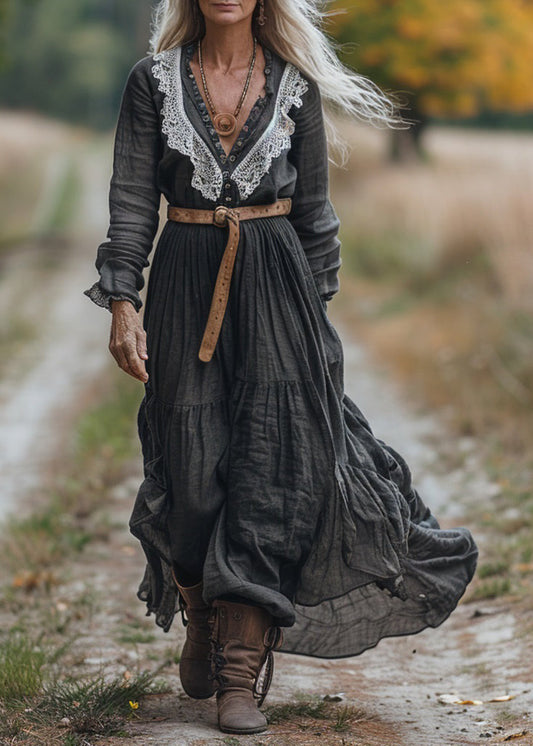 V Neck Lace Patchwork Cotton Long Sleeve Maxi Dress