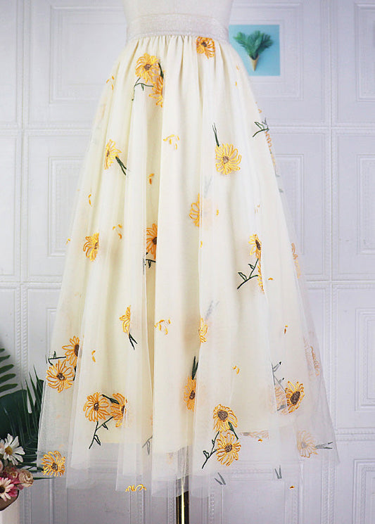 Apricot Embroideried High Waist Tulle Maxi Skirt Spring