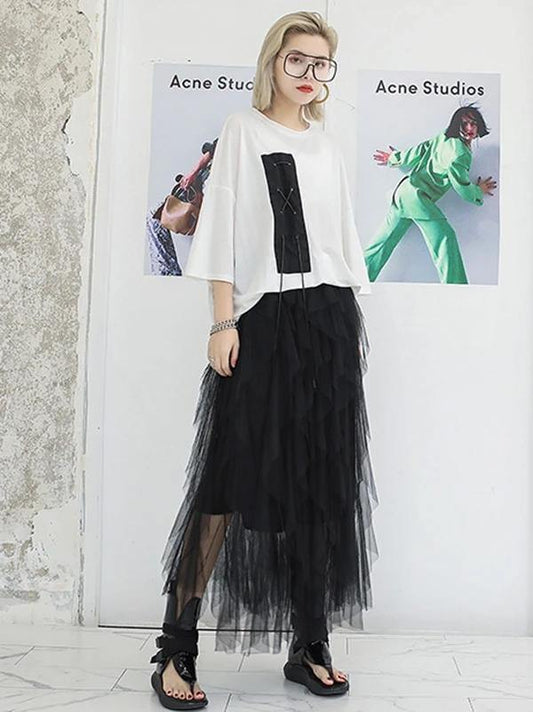 Mu Black Chiffon Skirt Sewing Asymmetric Art Summer Skirt