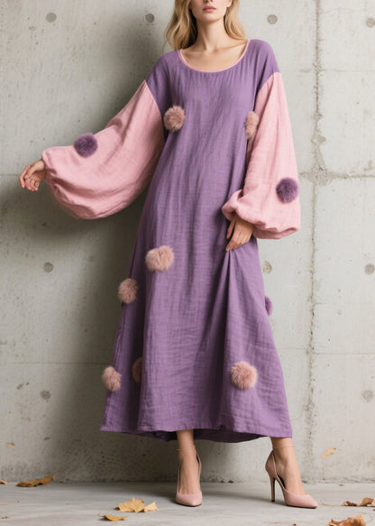 Purple Oversized Patchwork Fuzzy Ball Decorated Long Dress Lantern Sleeve