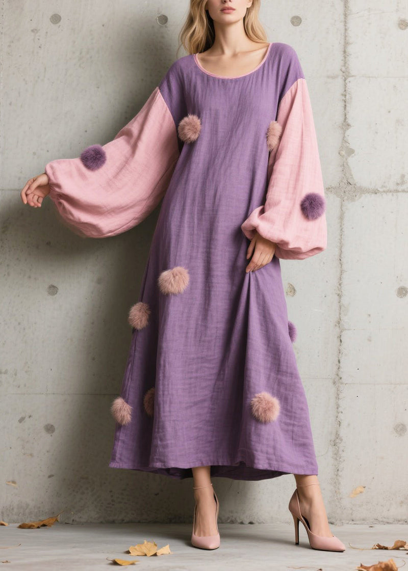 Purple Oversized Patchwork Fuzzy Ball Decorated Long Dress Lantern Sleeve