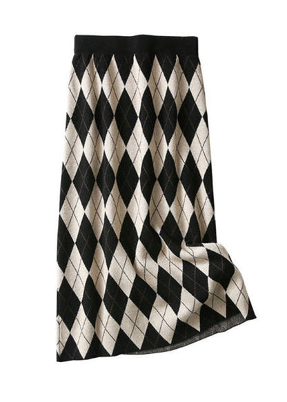 Italian Black Plaid Elastic Waist Knit a Line Skirt Fall
