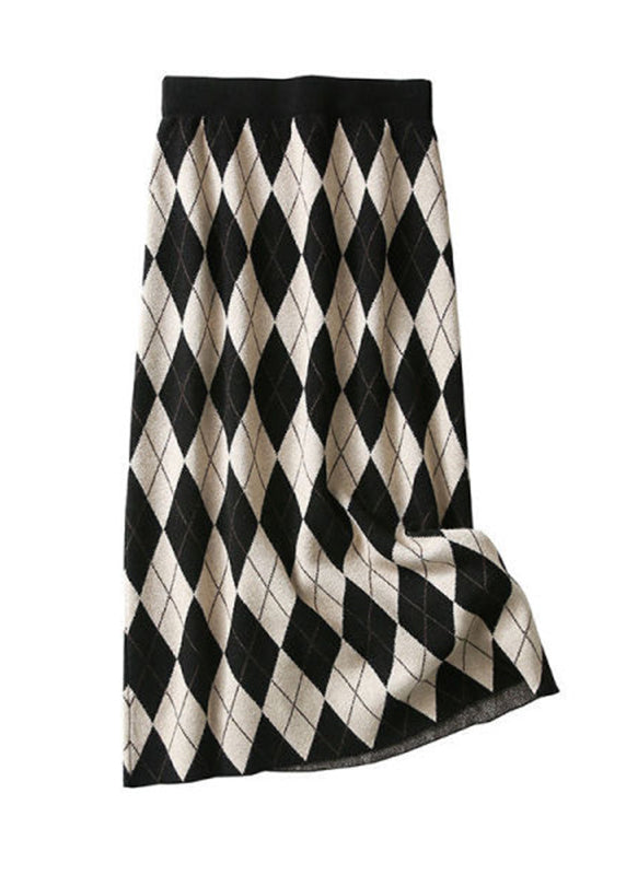 Italian Black Plaid Elastic Waist Knit a Line Skirt Fall