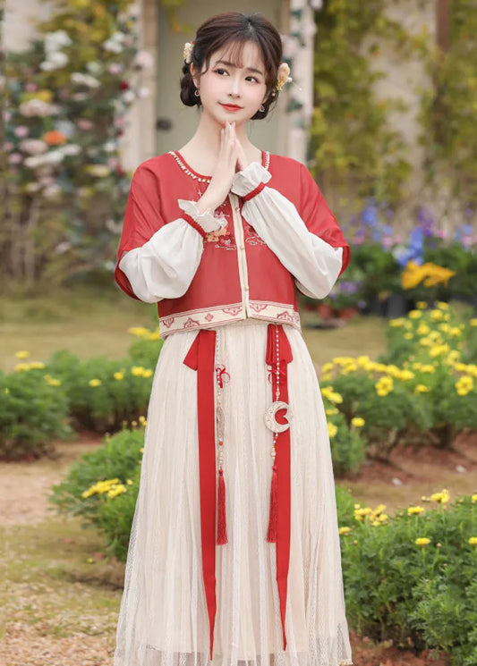 Chinese Style Red Embroideried Tops and Pleated Skirt Chiffon Two Pieces Set Long Sleeve