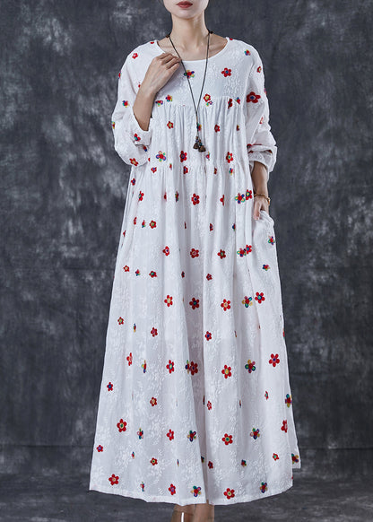 French White Embroidered Cotton Maxi Dress Spring