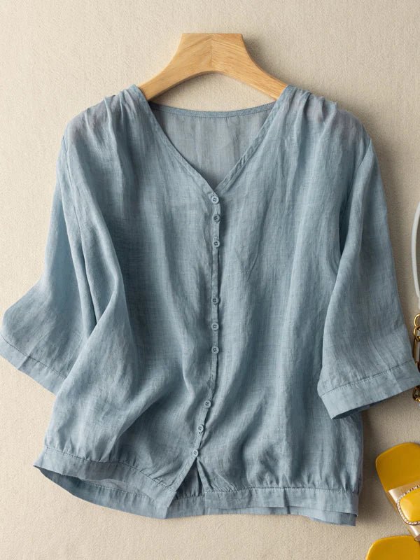 Pure Color V Neck 3/4 Sleeve Linen Shirt Top
