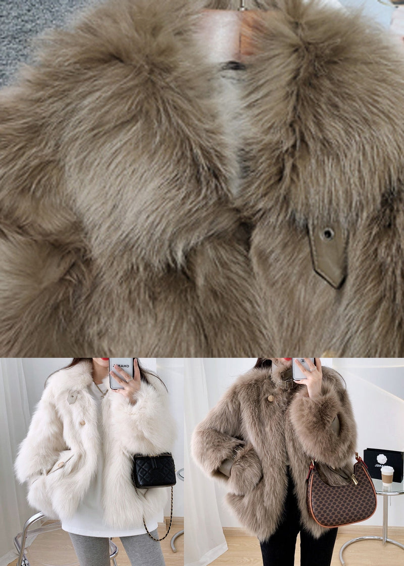 French Cocoa Faux Leather and Faux Fur Coat Winter