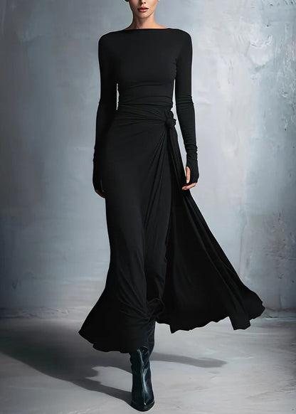 New Minimalist Grey Slash Neck Slim Fit Long Dress Spring