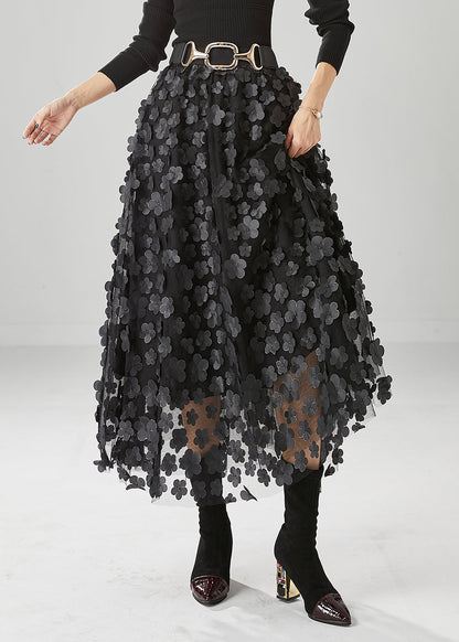 Handmade Black Appliqued Tulle a Line Skirts Fall