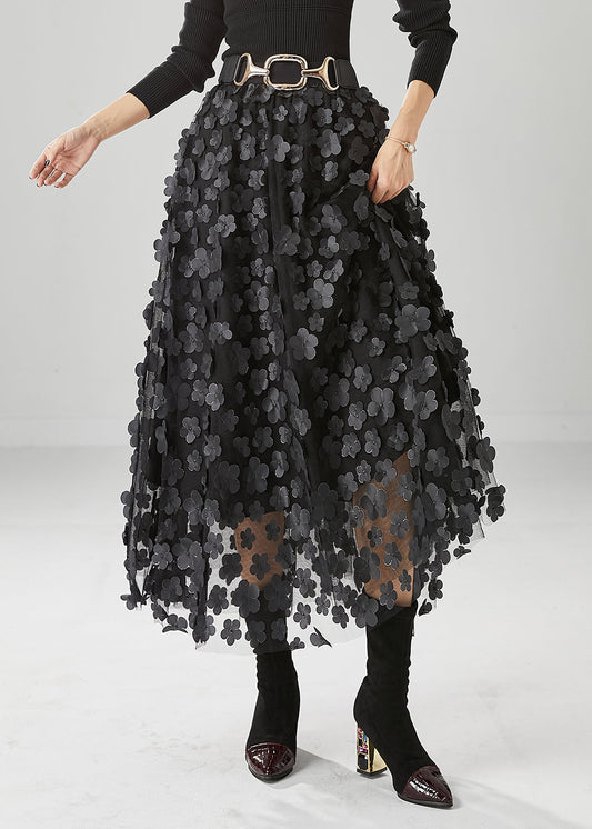Handmade Black Appliqued Tulle a Line Skirts Fall