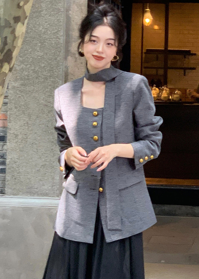 Grey Button Pockets Patchwork Cotton Coat Long Sleeve