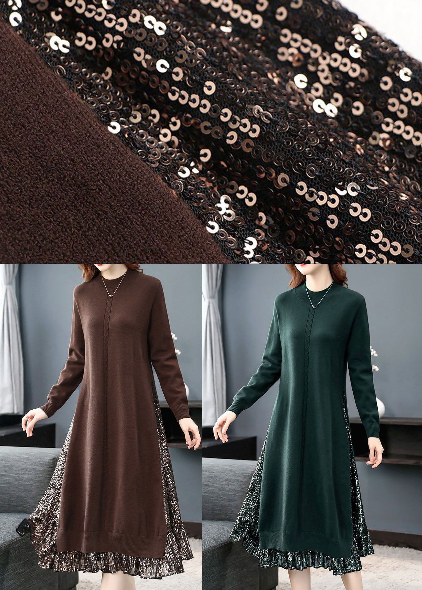 French Coffee Turtle Neck Patchwork Sequins Knit Long Sweater Dress Long Sleeve