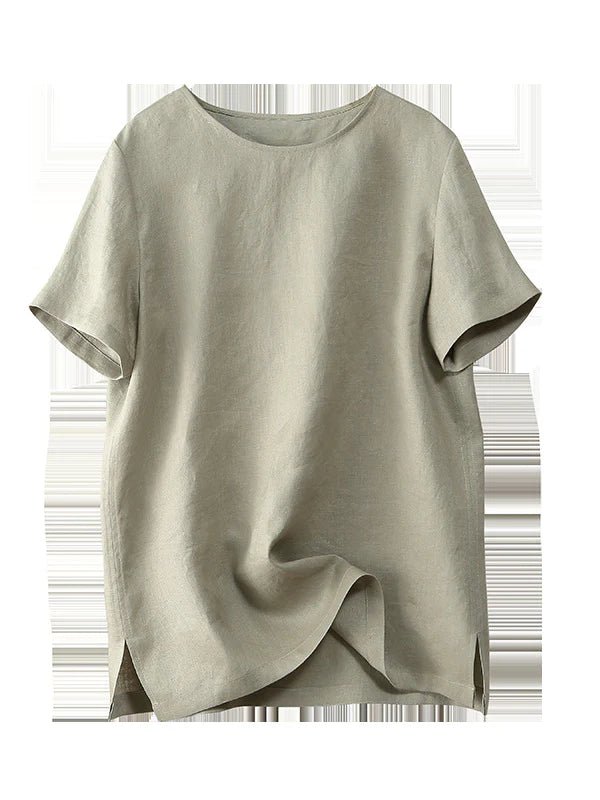 Pure Color Crew Neck Short Sleeve Linen Tee Top