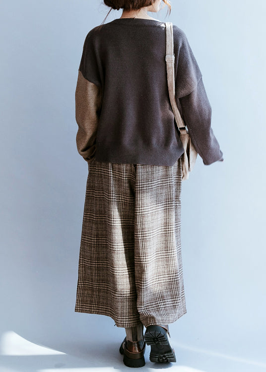 Chocolate V Neck Patchwork Knit Sweater Winter