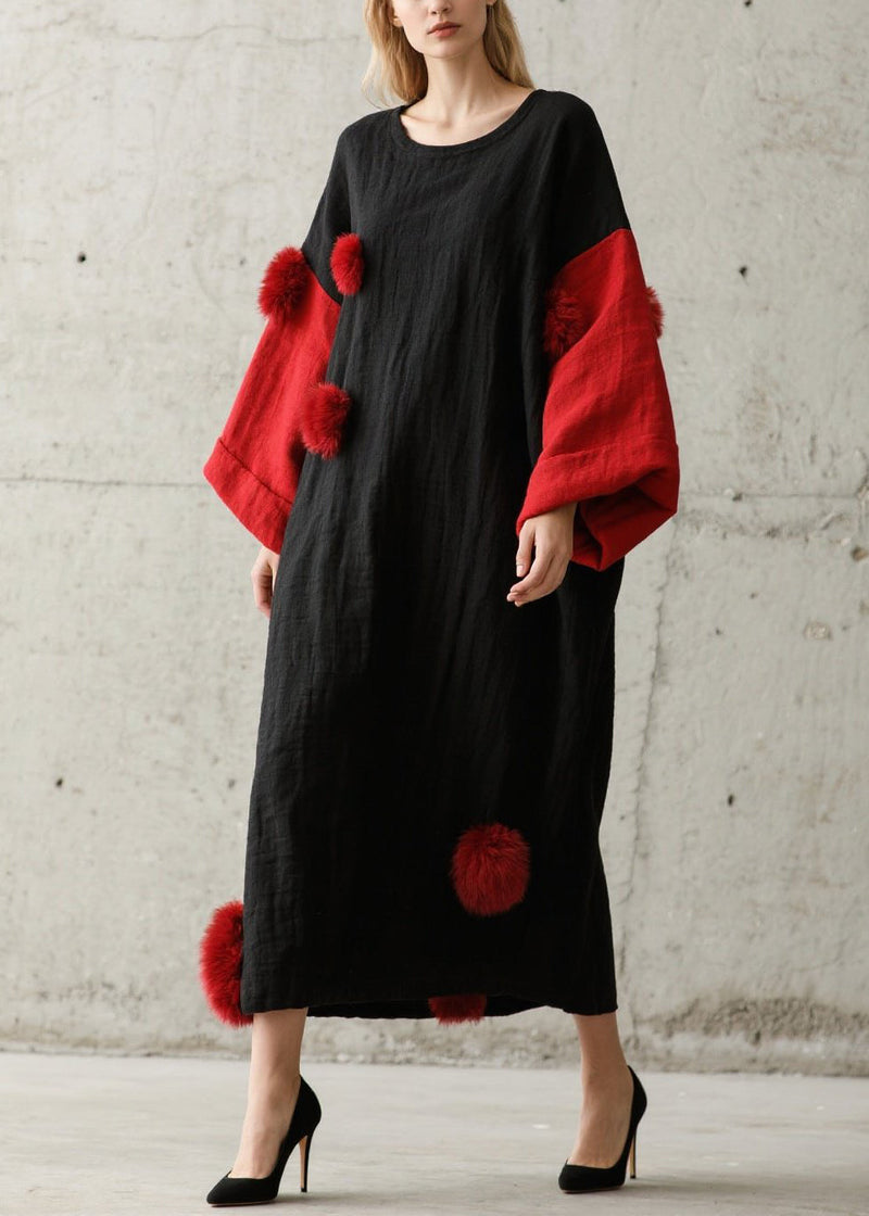 Black Oversized Patchwork Fuzzy Ball Decorated Long Dress Fall