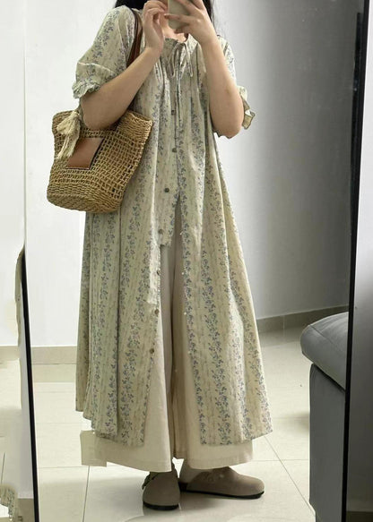 Light Green Print Button Long Shirts Dress and Skirts Two Piece Set Short Sleeve