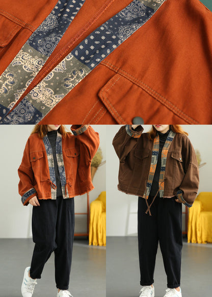 Orange Retro Patchwork Loose Fall Coat