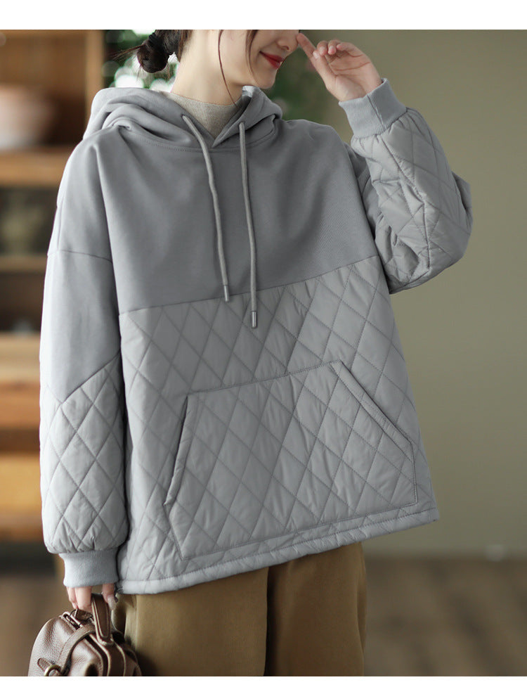 Loose Warm Patchwork Hooded Padded Sweatshirt