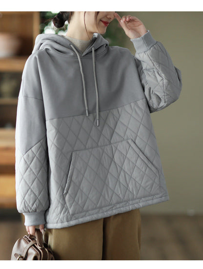 Loose Warm Patchwork Hooded Padded Sweatshirt