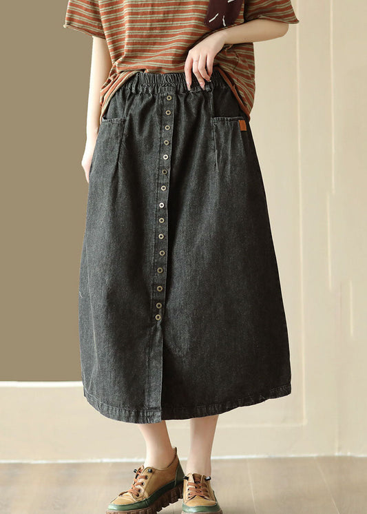 Diy Black Wrinkled Pockets Elastic Waist Patchwork Denim Skirt Summer