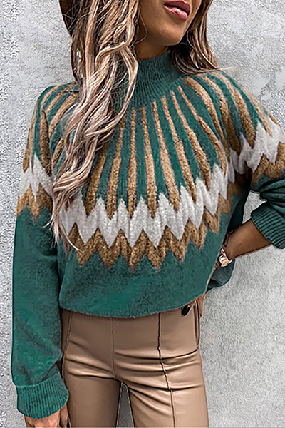 Geometric Patchwork Contrast Turtleneck Tops(4 Colors)