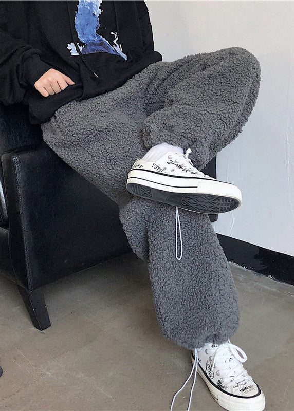 Simple Dark Gray Drawstring Teddy Faux Fur Beam Pants Winter