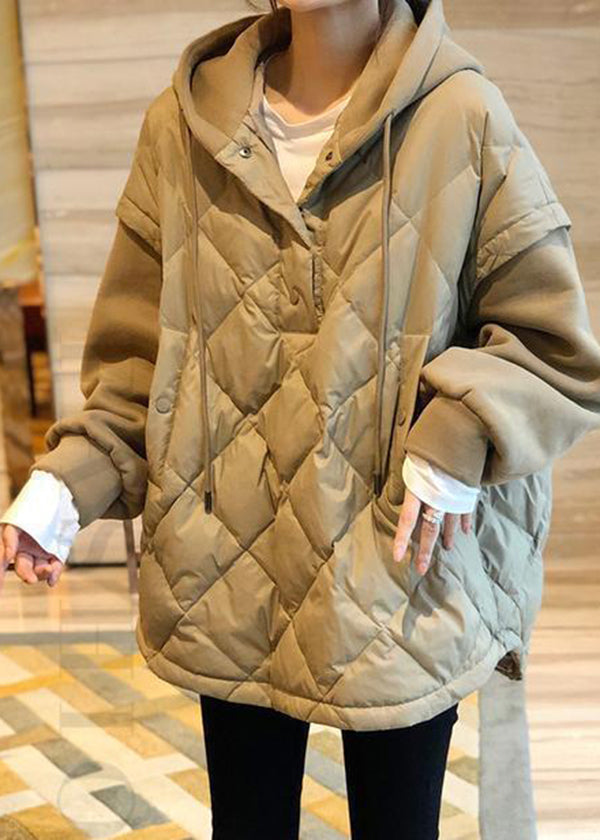 Khaki Hooded Patchwork Fine Cotton Filled Sweatshirt Winter