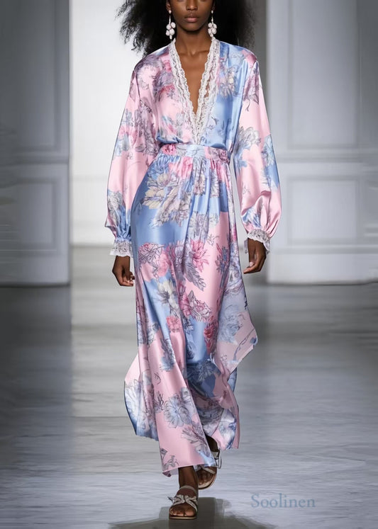 Pink V Neck Print Silk Vacation Dresses Spring