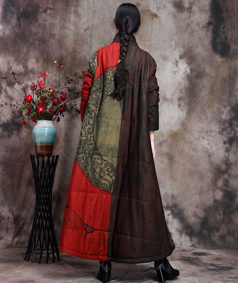 Boutique Red Print Pockets Thick Cotton Winter Long Sleeve Coat