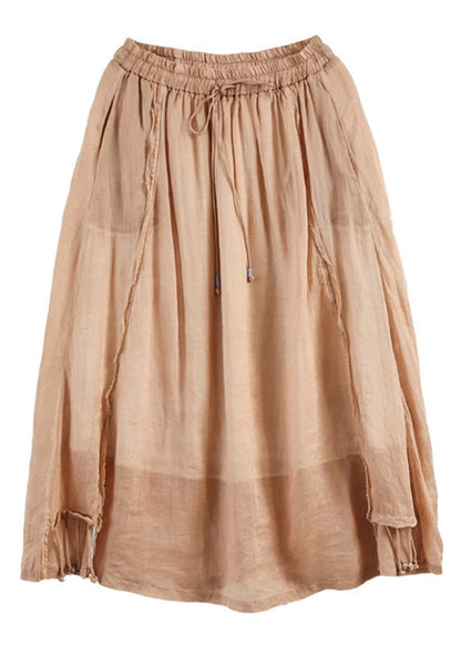 Khaki Patchwork Elastic Waist Ramie a Line Skirts Summer