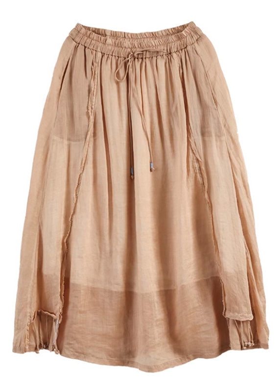 Khaki Patchwork Elastic Waist Ramie a Line Skirts Summer