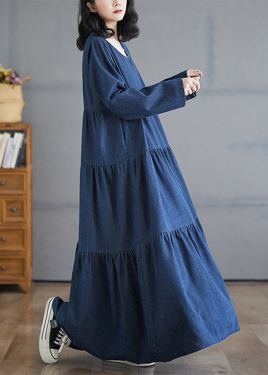 Denim Blue O-neck Wrinkled Patchwork Long Dresses Fall
