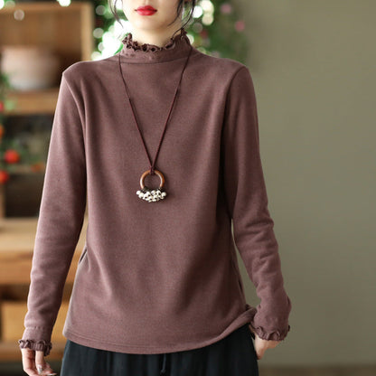 Long-sleeved Plus Fleece T-shirt With Retro Wooden Ears