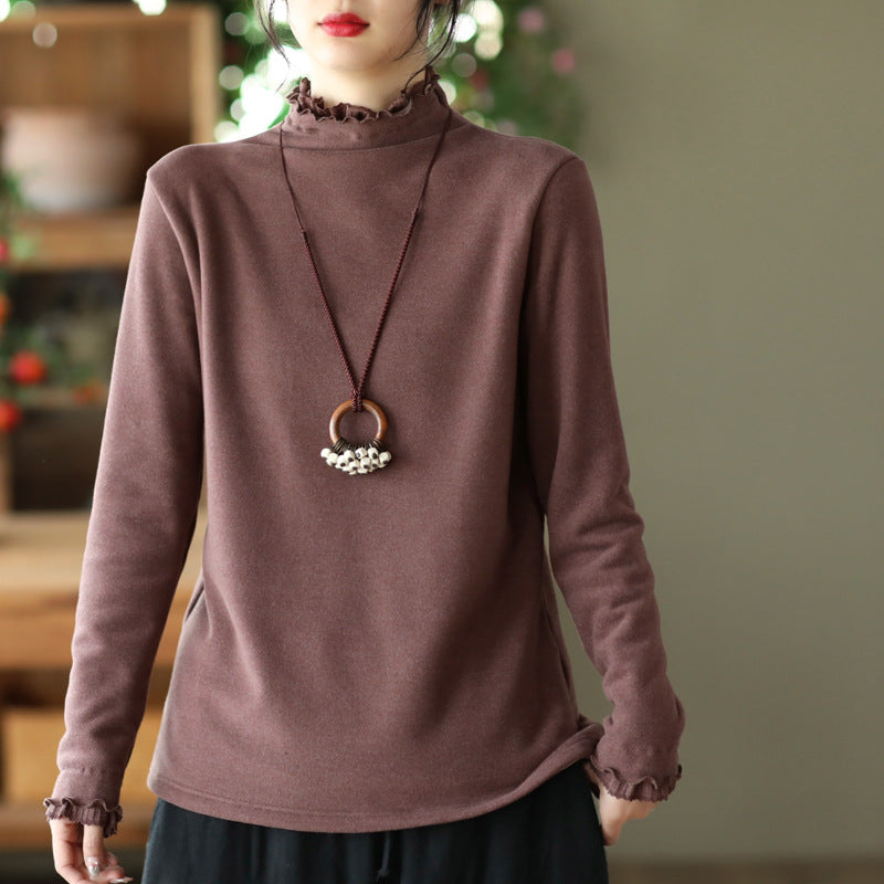 Long-sleeved Plus Fleece T-shirt With Retro Wooden Ears