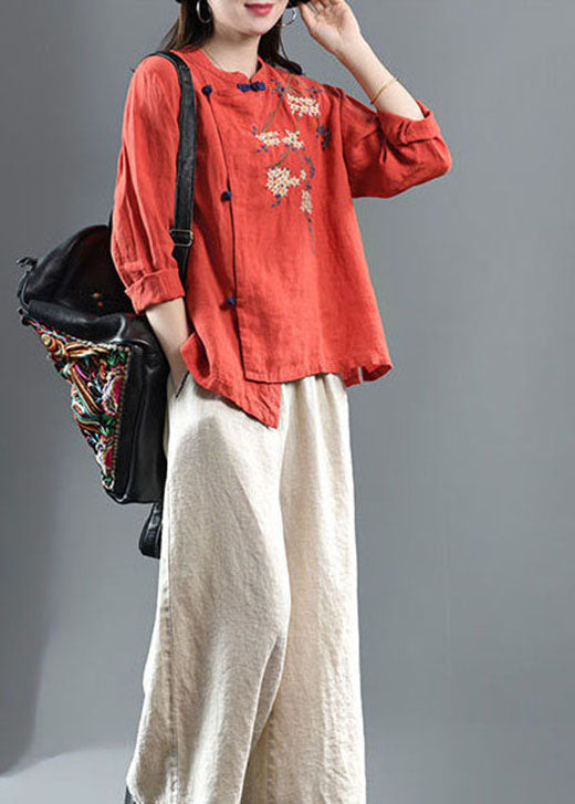 Loose Orange Embroidered Linen Top Half Sleeve