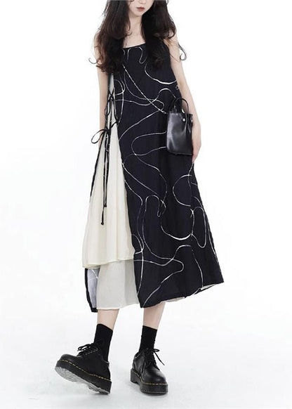 French Black Asymmetrical Lace Up Patchwork Cotton Spaghetti Strap Dress Sleeveless