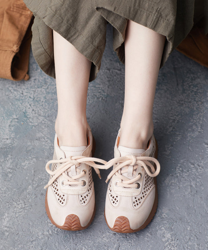 Beige Cowhide Leather Flats Hollow Out Lace Up Flat Feet Shoes