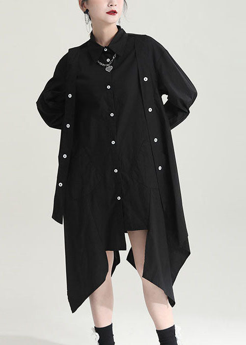 Modern Black Color Asymmetrical Design Cotton Long Shirt Tops Fall