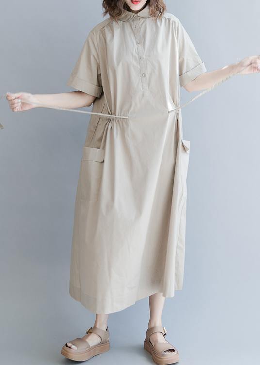 Drawstring Cotton Summer Clothes for Runway Khaki Long Dresses