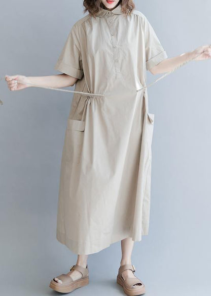 Drawstring Cotton Summer Clothes for Runway Khaki Long Dresses